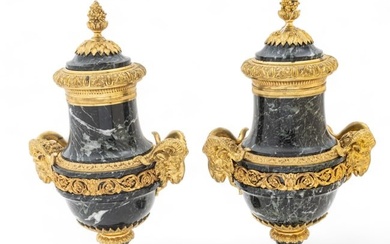 French Neoclassical Dore Bronze & Marble Cassolettes, Ca. 19th C., H 21" W 7.5" L 10.5" 1 Pair