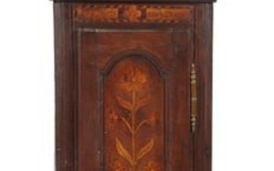French Provincial Inlaid Walnut Morbier Clock, 19th c., the arched bonnet over figural pressed brass