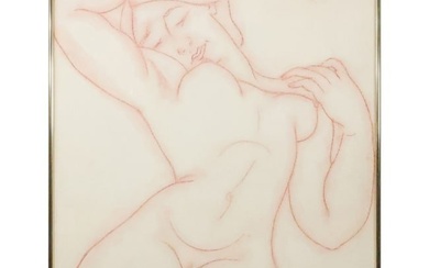 French School Conte Drawing of a Reclining Nude, L. Mouradoff, Dated 1962, Paris