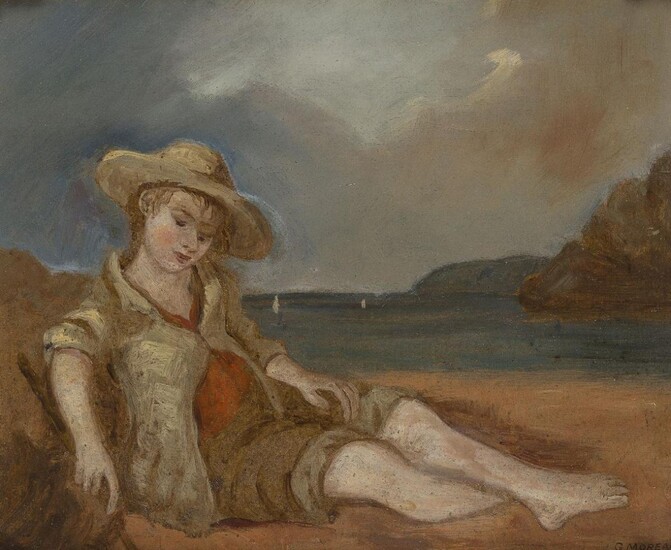 G. Moreau, French, late 19th century- Boy seated on a beach; oil on board, signed 'G. MOREAU' (lower right), 26 x 33.5 cm. Provenance: The collection of the late Dr Simon Lee. Note: An unknown artist depicting a charming seaside scene of a boy...
