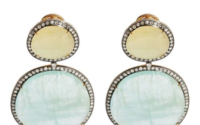 Gemstone Slice Earrings with Black Rhodium Set Diamonds in 18k Yellow Gold
