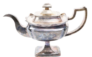 George III silver teapot of shaped rectangular form, with engraved decoration, crest and initials