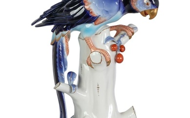 German Porcelain Large Gilt and Blue Parrot Statue