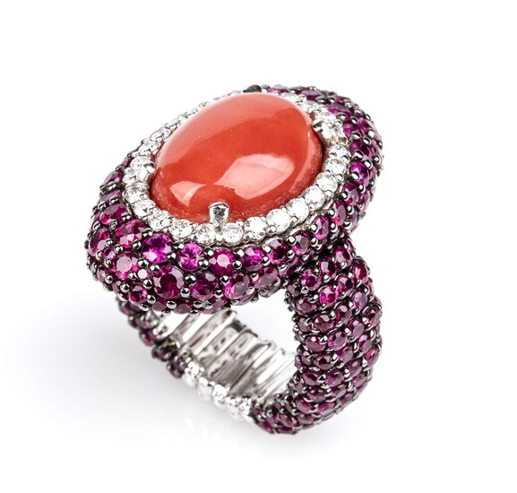 Gold, Mediterranean coral, rubies and diamonds ring 18k white...