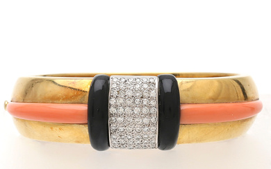 Gold, diamonds, onyx and coral bangle bracelet.