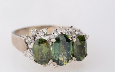 Green Sapphire, Diamond, 14k White Gold Ring.