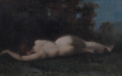 HENNER Jean-Jacques (1829-1905), d'après. Femme nue allongée de dos. Huile sur toile. 24 X 41.