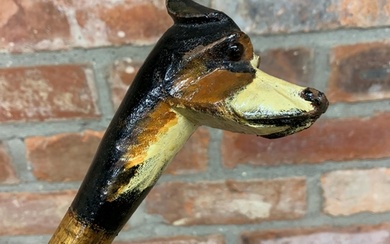 Hand carved wooden Foxhound dog head walking stick with brow...