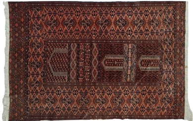 Handmade vintage prayer Turkmen Hachli rug 4.2' x 6'