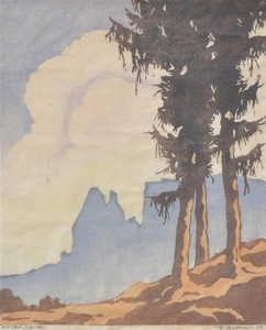 Hans Gostner , Sciliar, 1940;Xilografia colorata, 32,3 x 26,5 cm (immagine)...