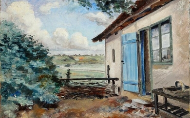 NOT SOLD. Harald Engman: Farm exterior. Signed and dated Harald Engman-32. Oil on canvas. 40 x 50 cm. Unframed. – Bruun Rasmussen Auctioneers of Fine Art