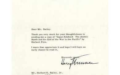 Harry Truman Scarce TLS About "The Atomic Bomb and the End of the War..."