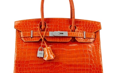Hermès Orange H Shiny Porosus Crocodile Birkin 30 18K White...