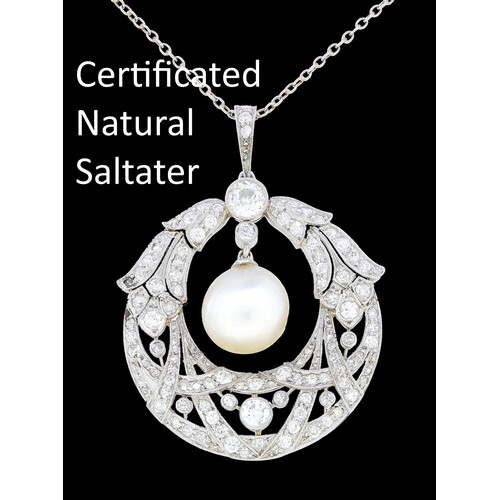 IMPORTANT GEM QUALITY NATURAL PEARL AND DIAMOND PENDANT, wre...