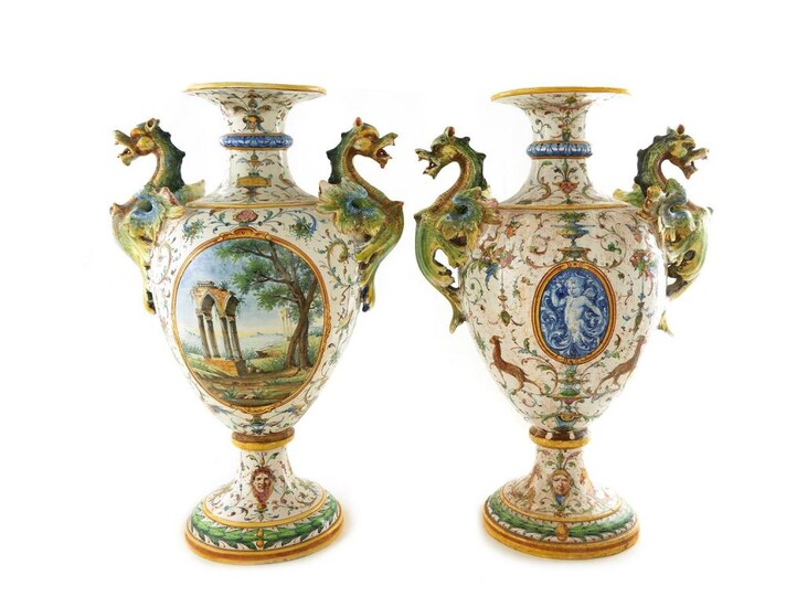 Impressive pair Italian majolica urns, Angelo Minghetti (2pcs)