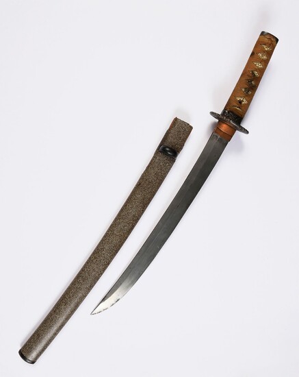 JAPANESE SABRE WAKIZASHI TYPE.Iron moulding. Tsuba in cut-out. Blade slightly curved. Grey lacquer scabbard. L. 62 cm.