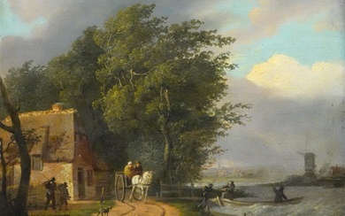 Jacobus van der Stok (1794-1864), Riverscape with travellers in summer, signed l.l.,...