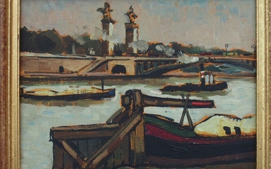 Jacques BOUYSSOU (1926-1997) : Péniche au pont Alexandre III Huile sur toile sur carton entoilé,...