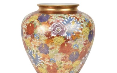 Japanese Kutani Ware "100 Flowers" Vase, 12"h