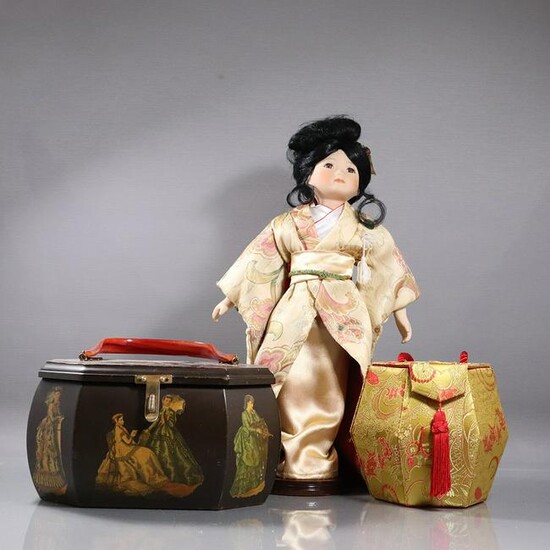 Japanese Porcelain Head Geisha Doll and 2 Purses