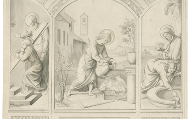 Jesus als Knabe bei der Ausübung verschiedener Tätigkeiten: Als Schreinerlehrling bei seinem Vater Joseph (links); Als Gärtner beim Blumengießen (Mitte); Beim Wasserschöpfen, bei ihm seine Mutter Maria (rechts).