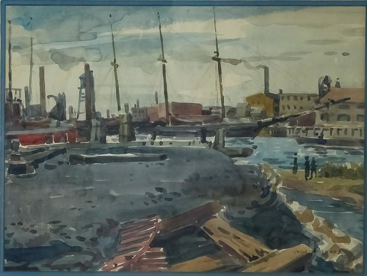 Josef Lenhard 20th C. American Harbor Watercolor