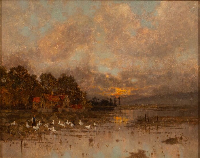 KARL HEFFNER (GERMAN, 1849-25), OIL ON CANVAS, H 9", W 11.25", LAKE AT DUSK