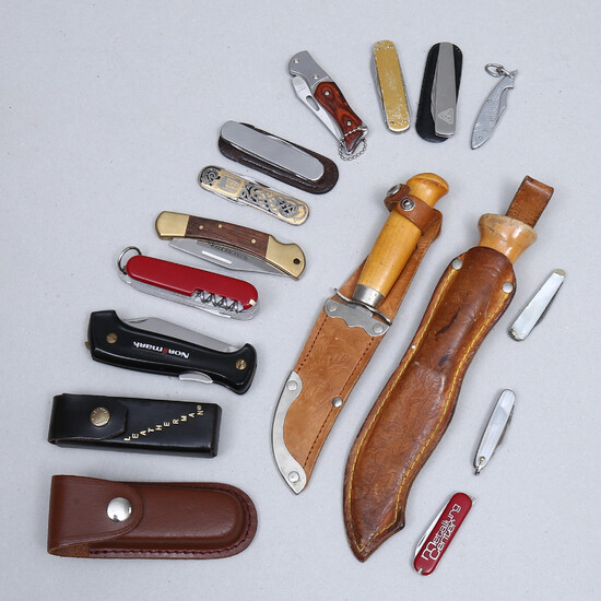 KNIVES, 16 pcs, mostly folding knives, including Victorinox, Puukko, Normark.