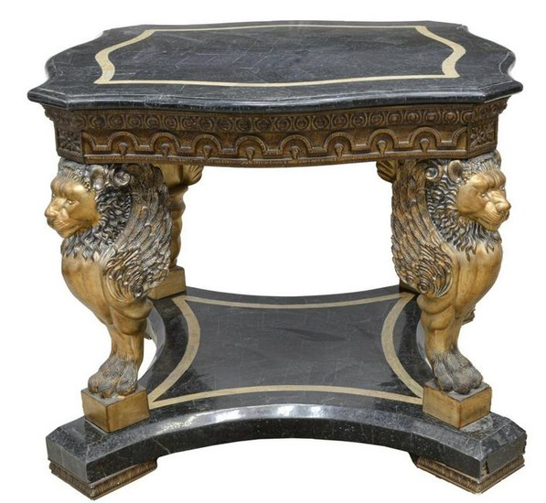 LARGE STONE-TILED TOP CENTER TABLE WINGED LIONS