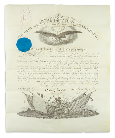 LINCOLN, ABRAHAM. Partly-printed vellum Document Signed, as President, military commission appointing Edward G....