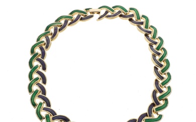 LOT COMPRENANT Un collier articulé en maillons de métal doré émaillés vert et bleu et...