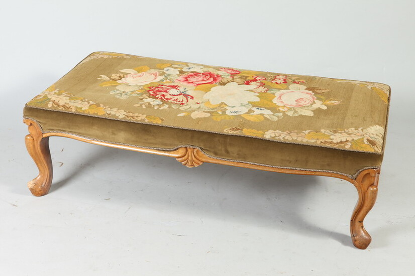 LOUIS XV STYLE FRUITWOOD RECTANGULAR-TOP BENCH WITH FLORAL NEEDLEPOINT UPHOLSTERY....