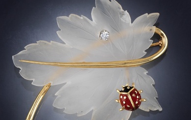 Ladies' Elegant Gold, Diamond, Enamel and Carved Rock Crystal Leaf Brooch, Marked Tiffany