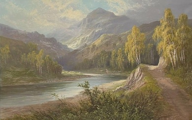 Large Antique Scottish Highlands Signed Oil Painting - Summertime River Glen