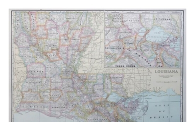 Large Original Antique Map of Louisiana, Usa, C.1900...