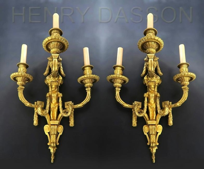 Large Pair of Henry Dasson Bronze Sconces, Signed