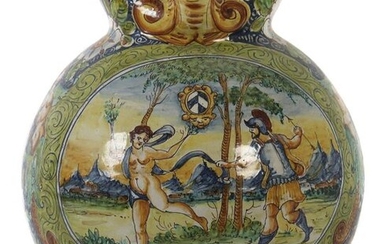 Large majolica jug Wohl Italy, 19th/beginning of the 20th century, after an old model, brown shards, glazed and painted with hot-fire colours, frontal cartouche with Apollo and Daphne from Ovid's Metamorphoses, framed by ornamental and floral elements...
