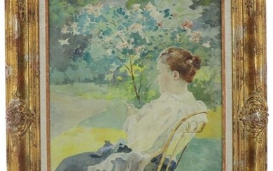 Ludovic ALLEAUME (1859-1941) "Woman in the garden", watercolour, signed lower right, 54 x 37 cm