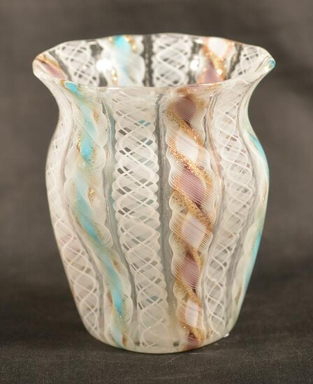 Lutz-Type Latticinio Blown Glass Miniature Vase.