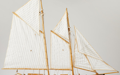 MODEL BOAT. Sailing ship, late 20th century, wooden hull, textile and metal details.