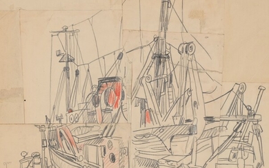 Mathurin MEHEUT (1882-1958) « Boulogne, le chalutier » Crayon gras et sanguine (plis et collage)...