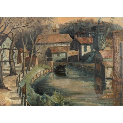 Mid-20th century oil on canvas, industrial scene, unsigned, ...
