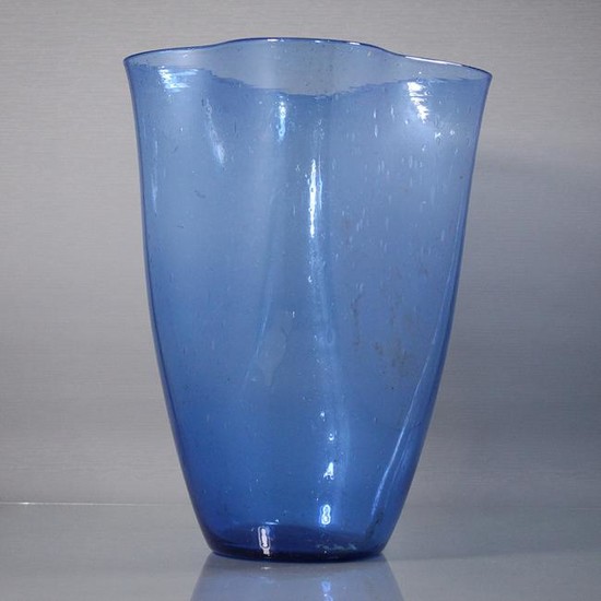 Mid-Century Blue Hand Blown Glass Handkerchief Vase