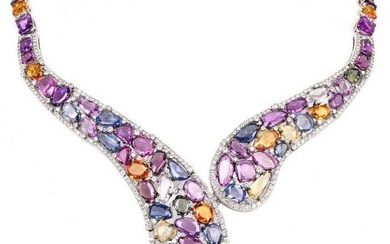 Multicolor Natural No-Heat GIA Sapphire Diamond 18K Gold Necklace