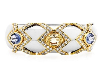 Natural No-Heat GIA 13.90cts Sapphire Diamond Platinum Gold Bangle Bracelet