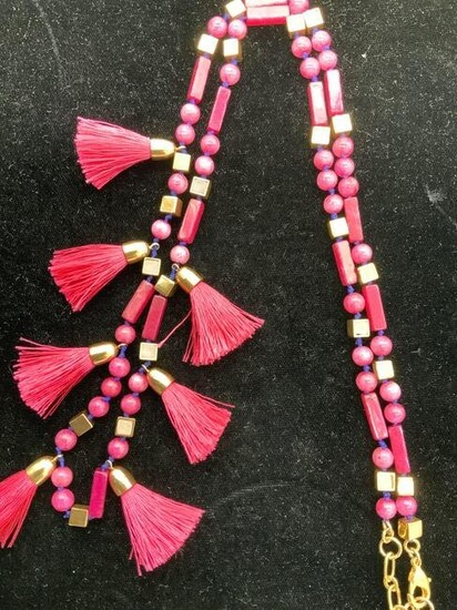 Natural Pink Stone Bead & Tassel Necklace, Jewelry