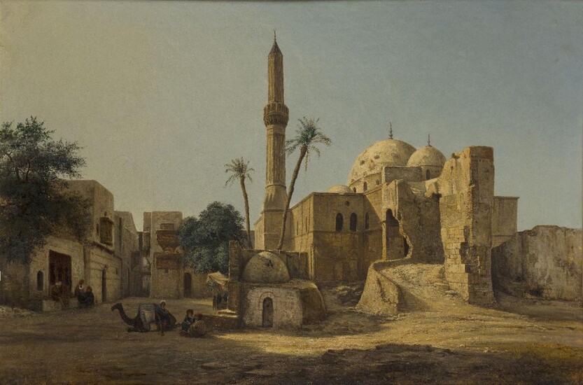 Orientalist School, late 19th century- Street scene with figures, a camel and a mosque, North Africa; oil on canvas, 63.6 x 96 cm. Provenance: Private Collection, UK.