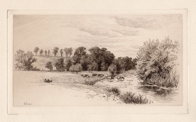 Original E. LAW 1800s Etching The Avon, near Stratford Framed Signed