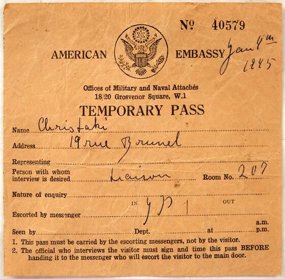 Original War American Embassy Temporary Pass WWII