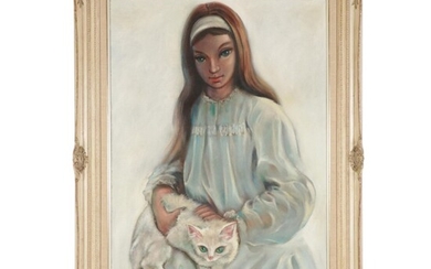 Ozz França Oil Painting in the Style of Margaret Keane "Girl With Cat"